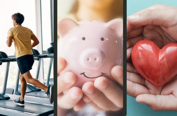 Collage: A man on a treadmill, a piggy bank and a model heart