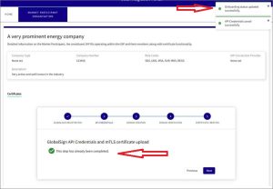 DIP GlobalSign API credentials status confirmed screen