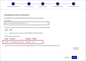 DIP GlobalSign domain verification status indicating a failure